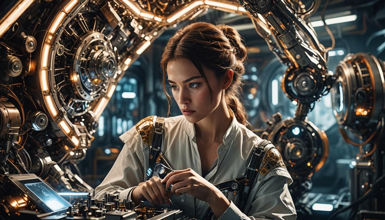 In the photograph, a stunning woman is shown intensely focus...