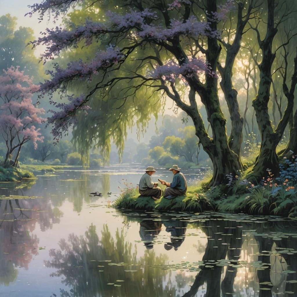 Artiste peintre dans la nature. Ruisseau lac avec des nénuphars, des grenouilles des saules pleureurs, des gentianes et une maisonnette avec...