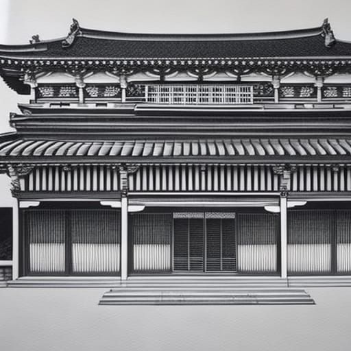 Building in Japan hyperdetailed charcoal drawing
