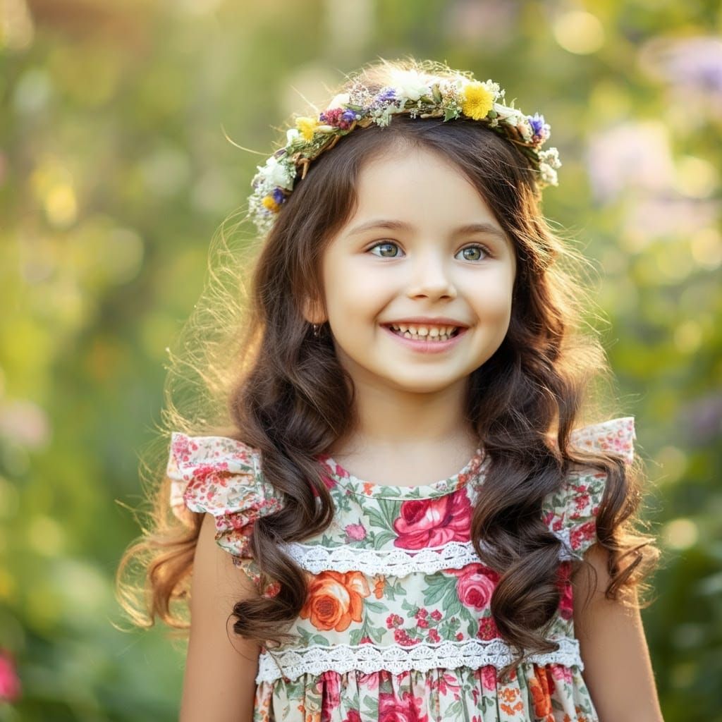 Whimsical Girl in Floral Crown Amidst Sunlit Garden