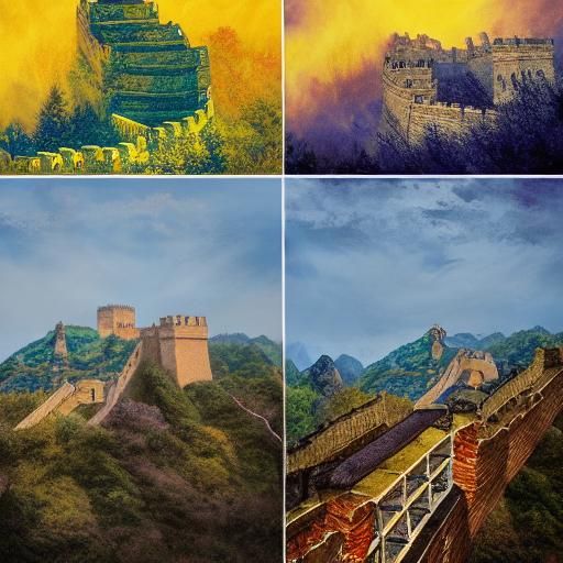 Golden Dragon Dances Above Great Wall, Expressionist Paintin...