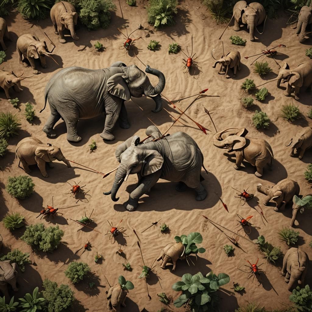 Hyper-Realistic Photo of Tiny Elephant vs Giant Ant