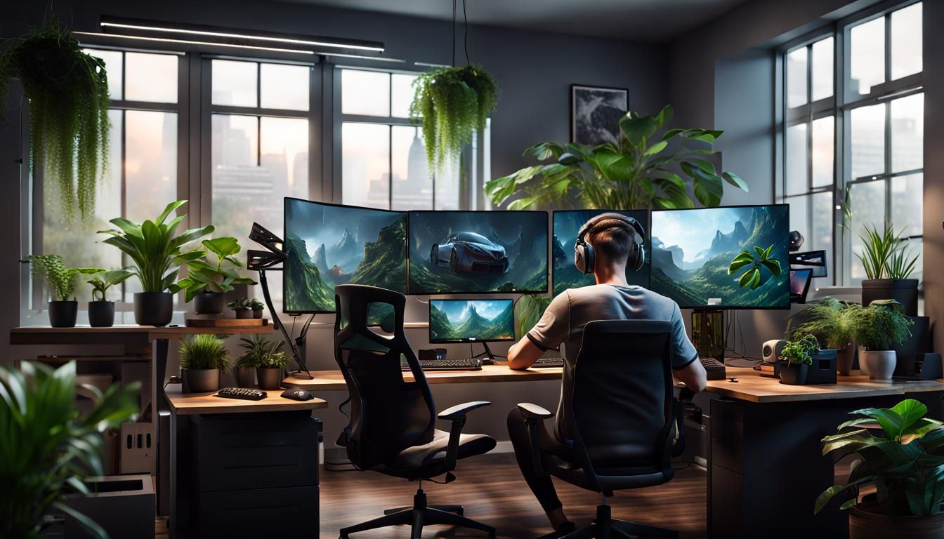 a person playing computer game, sleek gaming PC, multiple monitors and speakers, indoor plants around ...  by @ih432