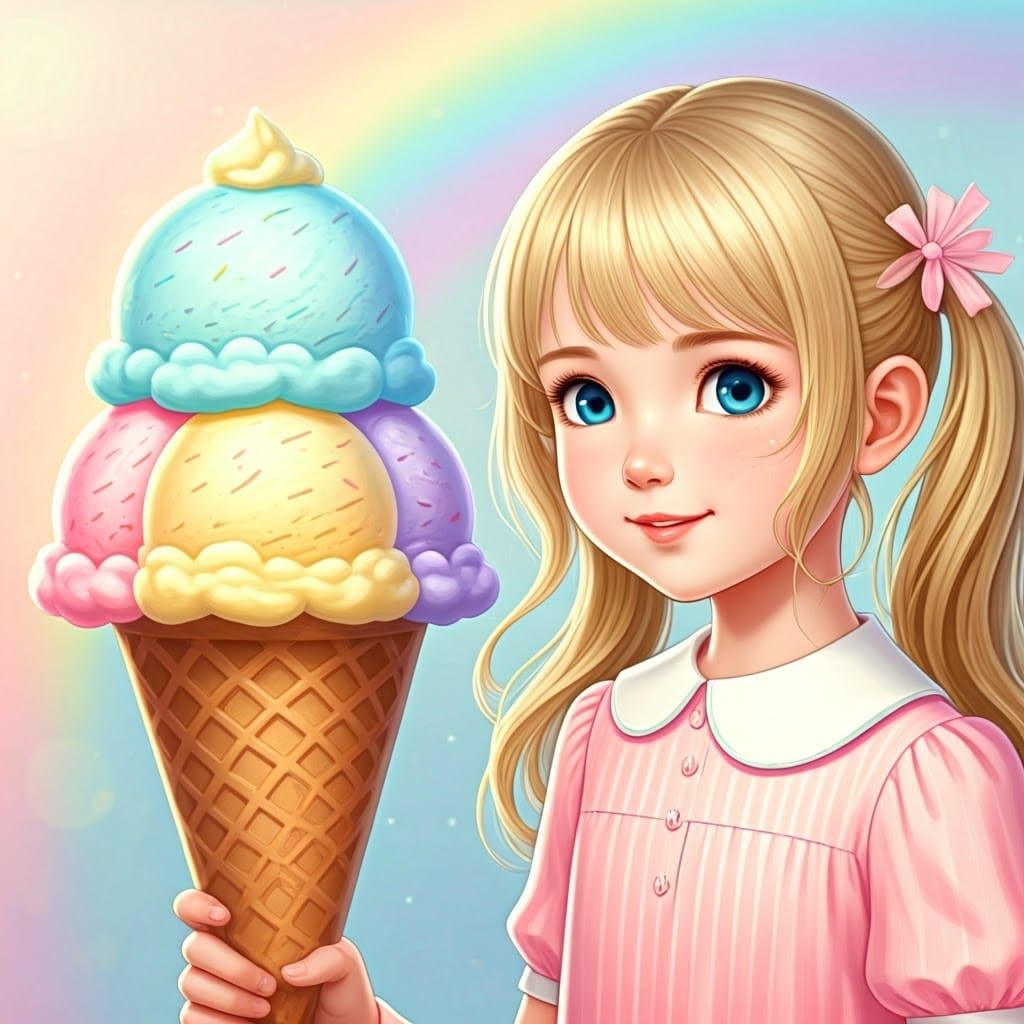 Whimsical Girl and Pastel Ice Cream Scene in Watercolor Styl...