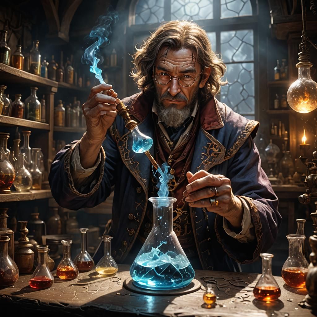 insanely detailed, a crazed alchemist holding a chemistry beaker, with light shining through it, in the ...  by @morr5750