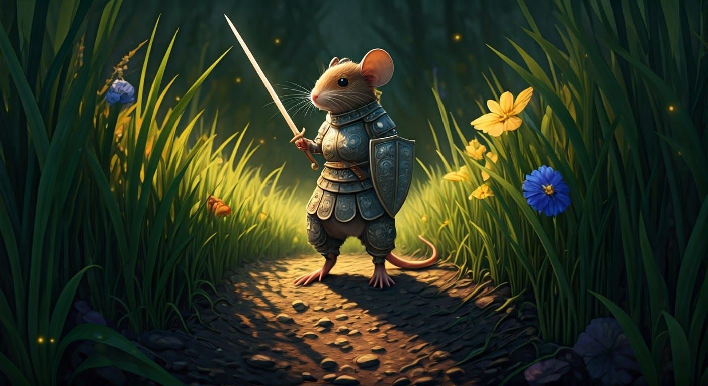 : A brave female anthropomorphic mouse knight, clad in shining armor crafted from thimbles and bottle ...  by @Johnny 