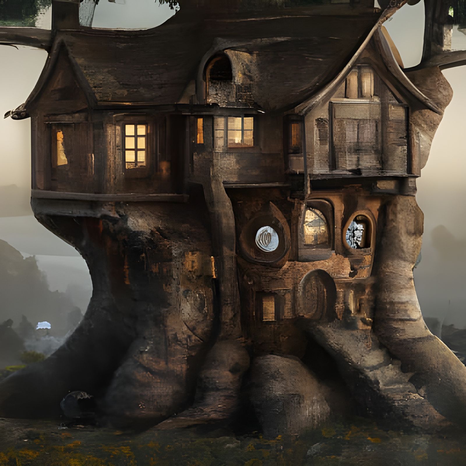 Two story Keebler house built into a tree trunk