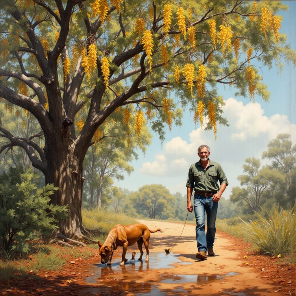 <lora:Brushed Oils:1.0> Yellow flower banksia gum tree with big seed pods and green, yellow and red eaves ever so slightly just hanging from...