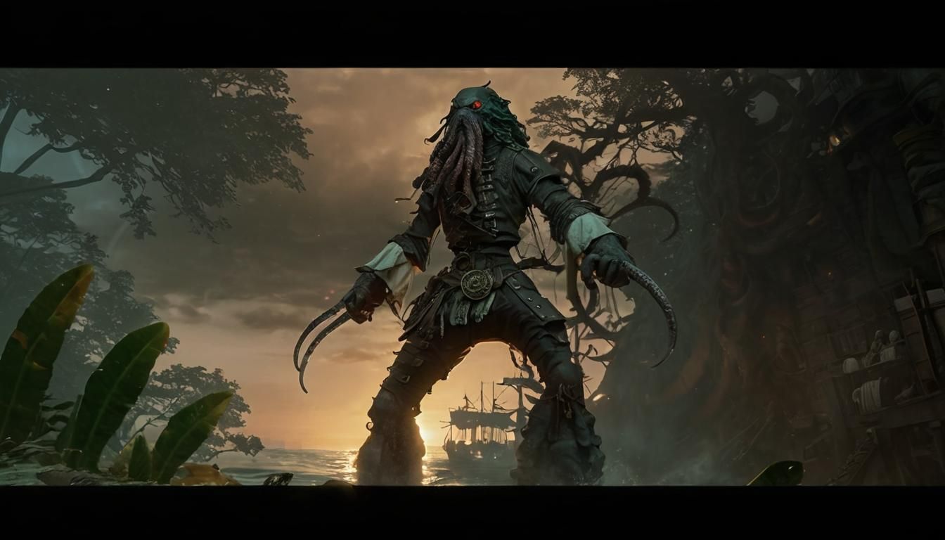 predator, sunset, pirate ship, out at sea, giant octopus 