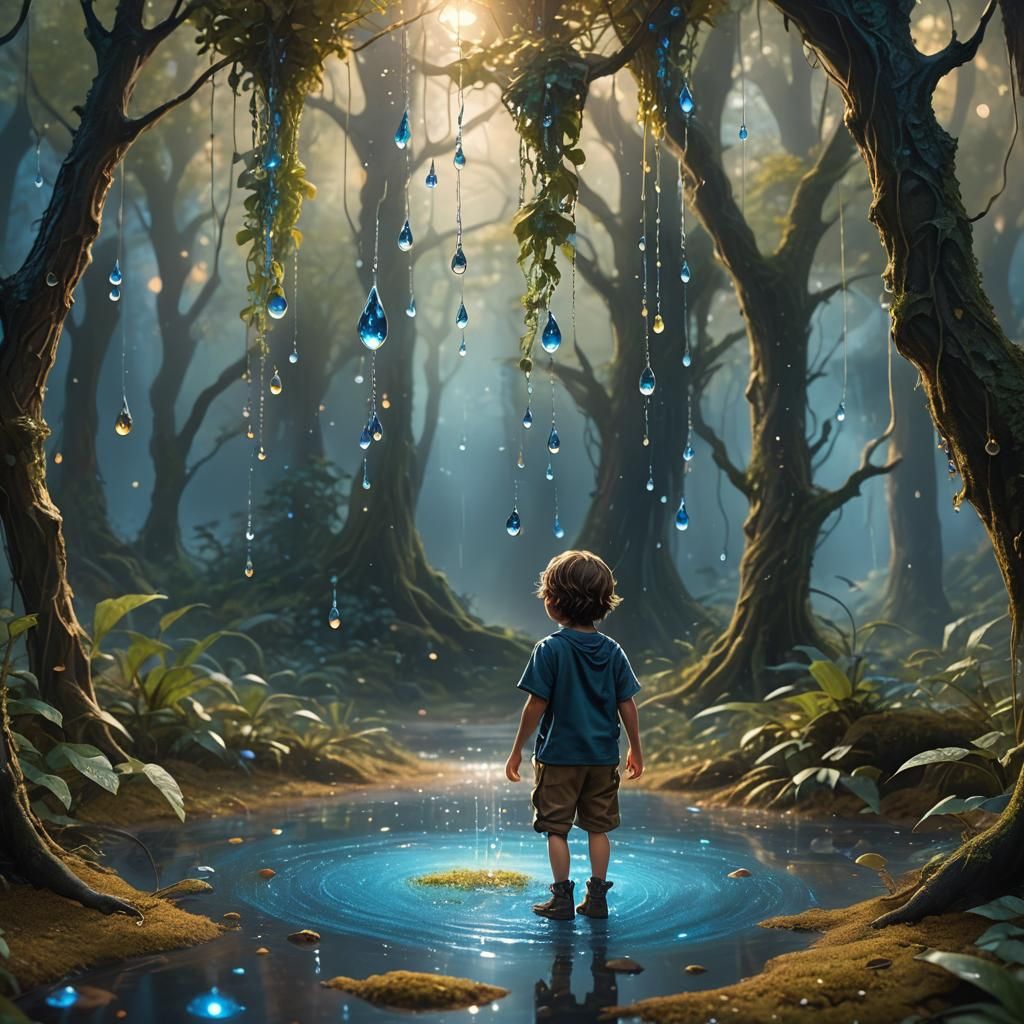 Child Walking Among Giant Water Droplets in Forest