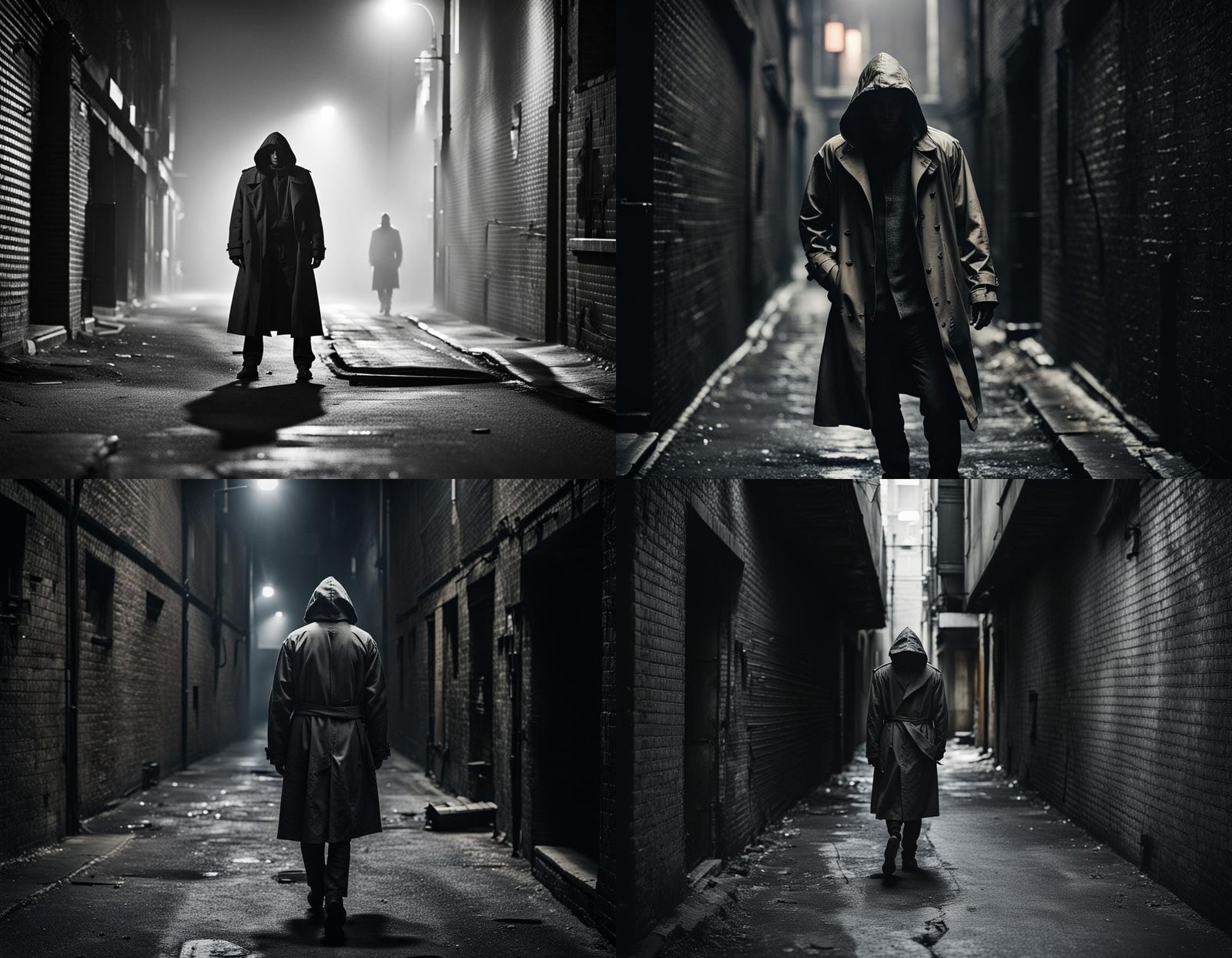 A man in a trench coat and a hoodie walking towards a dark alleyway