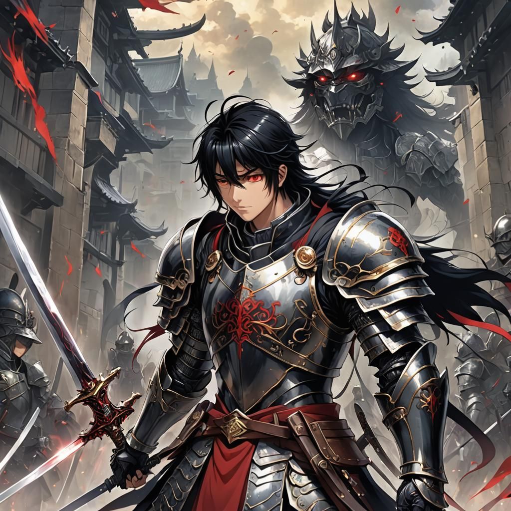 black hair red eye yong knight wearing armor holding long sw...