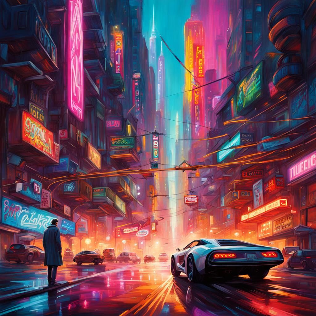 Futuristic cityscape with bright neon lights and signs. Flyi...