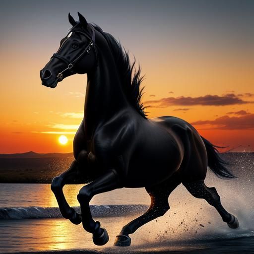 with high detail of a black horse running under a sunset. Hy...