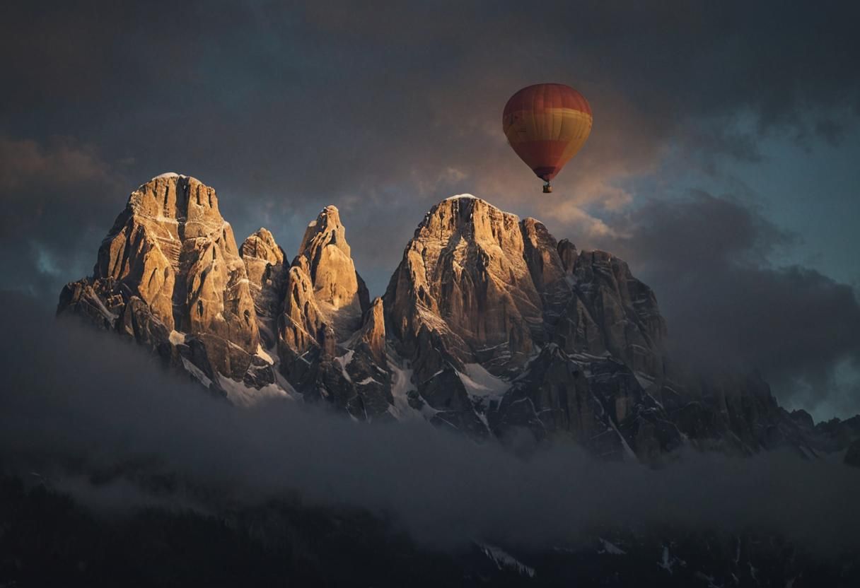Hot-air balloon floating above the Dolomites at dusk