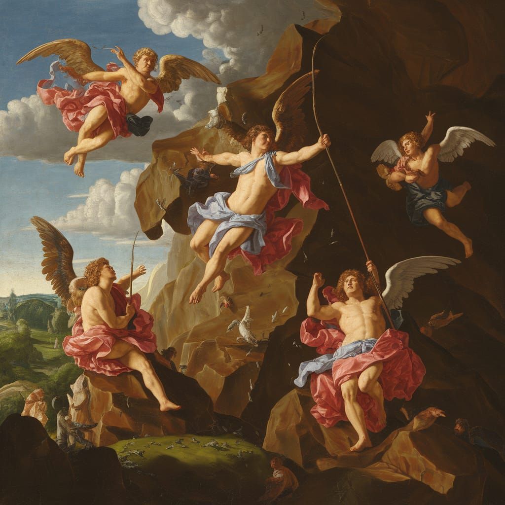 Dramatic Depiction of Fallen Angels in a Dark, Textured Land...