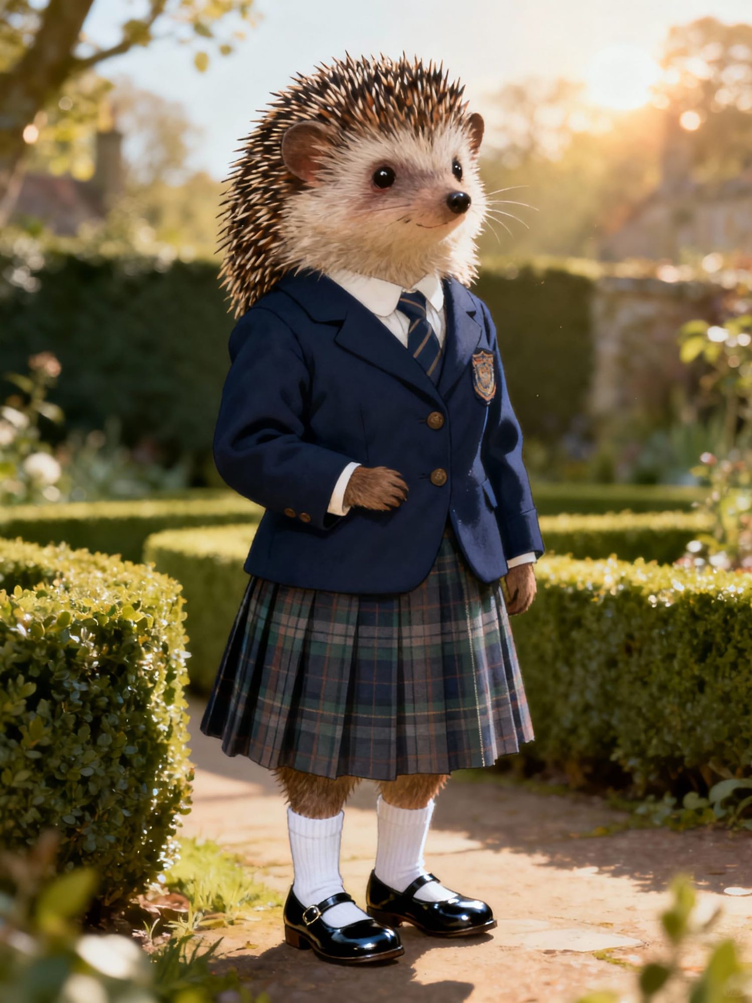 A lady hedgehog wearing an English school uniform, complete with bobby socks and mary-jane shoes.