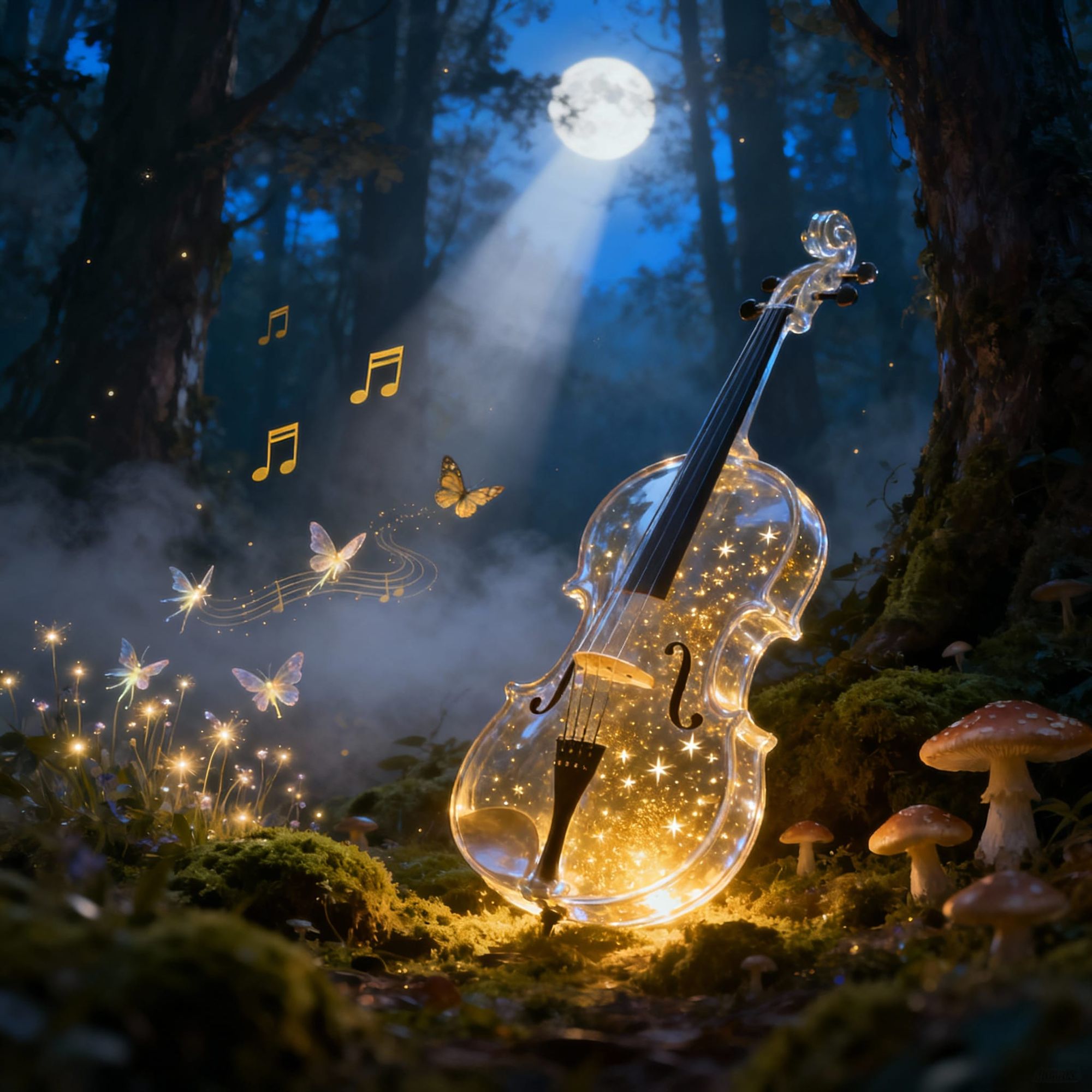 A glowing glass cello plays a magical symphony in the forest