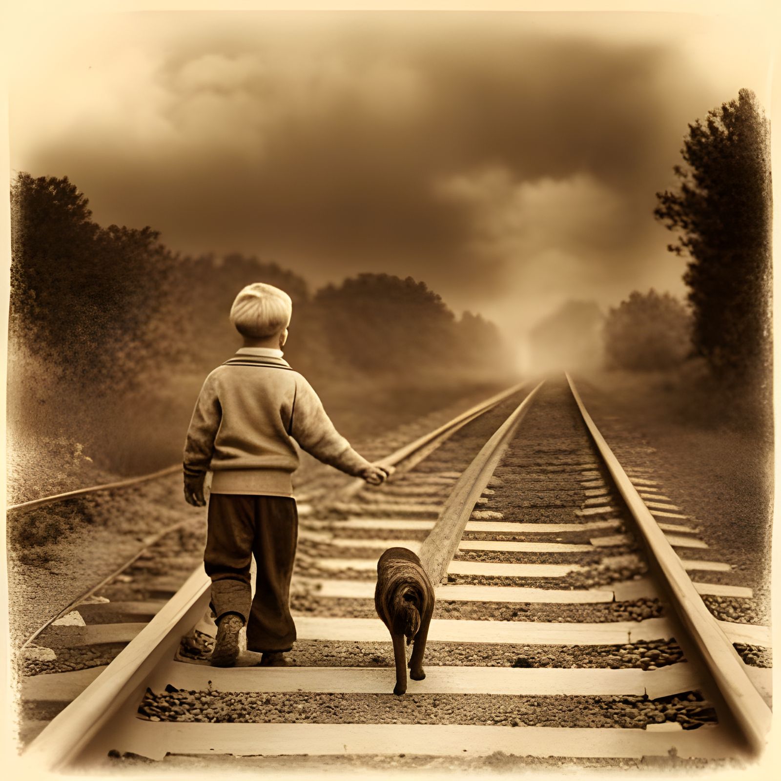 vintage old torn photograph of a boy with his pet dog playing at the railroad track; sepia colors; very ...  by @NewAgerJul