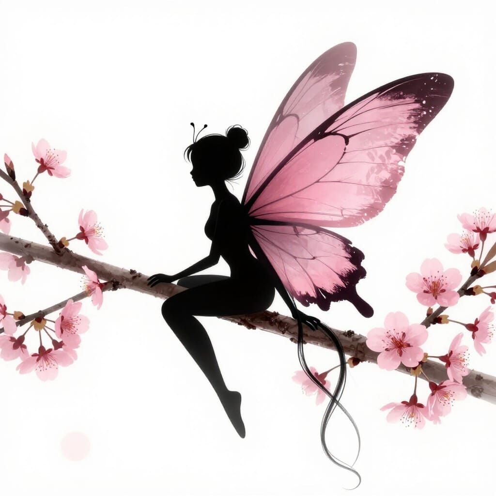 digital drawing features a silhouette of a delicate, black fairy with massive, pink, feathered wings ...  by @Dubois