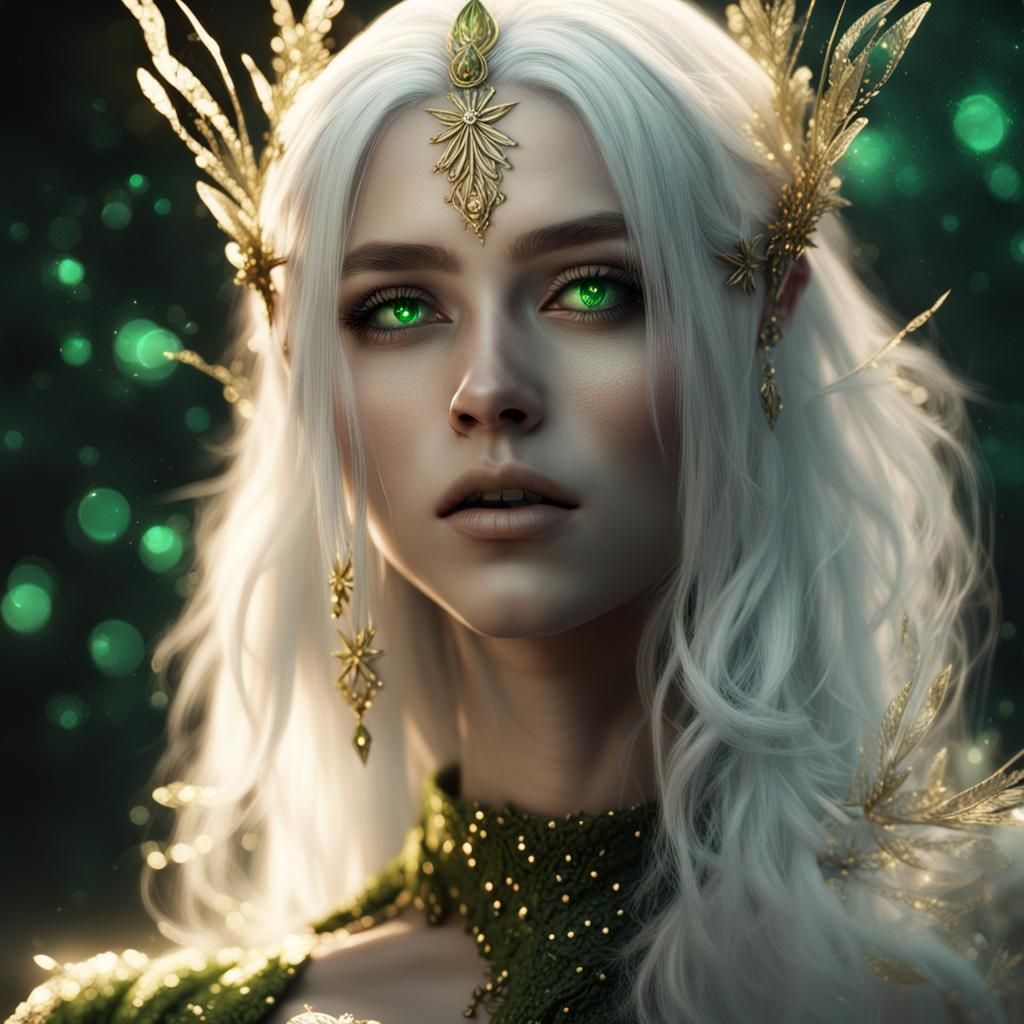 green-eyed white-haired | Black fairy upper body portrait fairycore ...