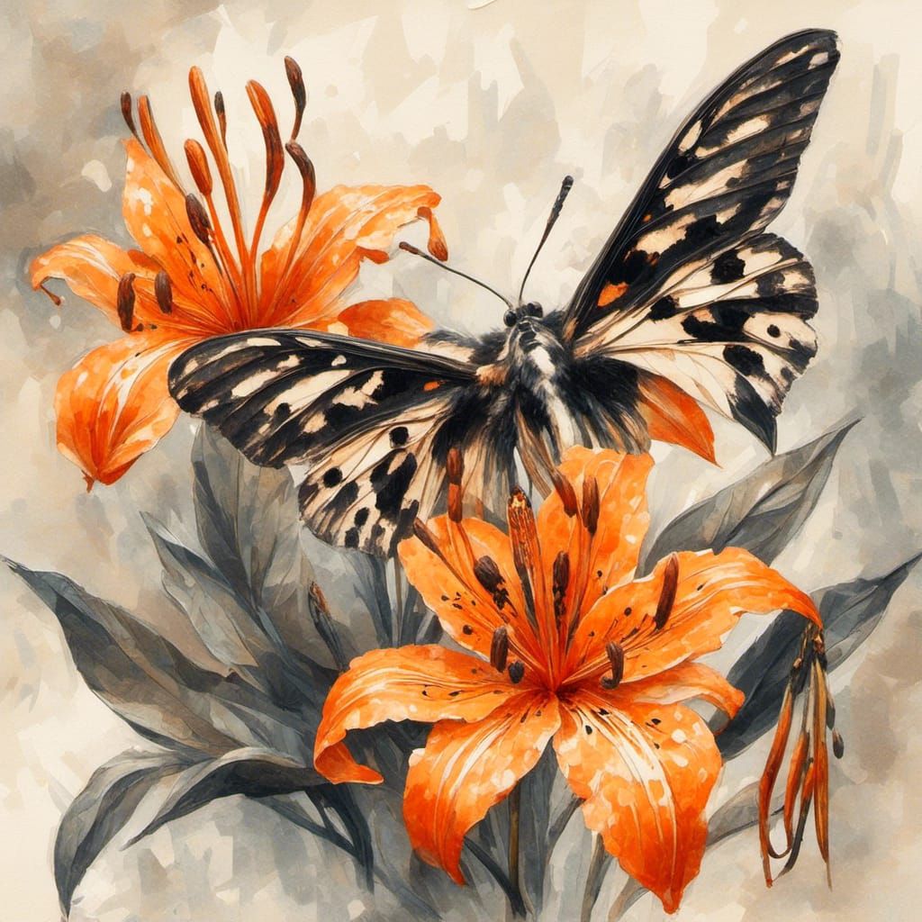 <lora:Intricate Oils:1.0> orange and black moth and a orange tiger lily in oil painting style Japanese ink wash clip art 