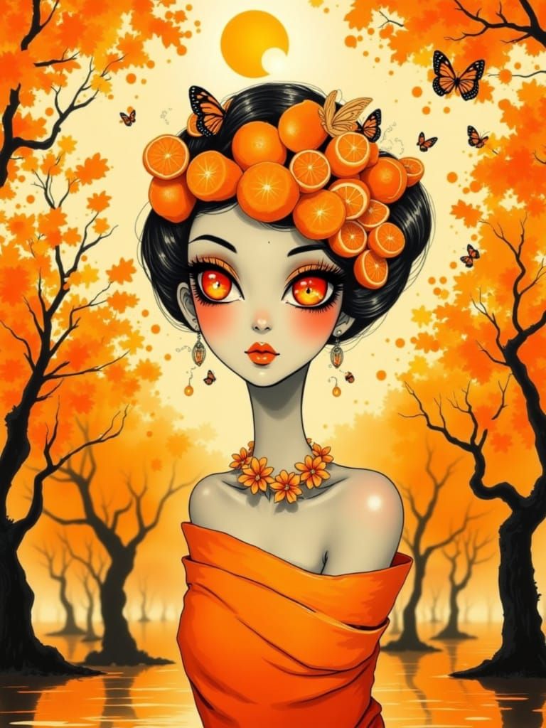 <lora:Geisha:1.0> A surreal portrait of a woman with distorted, asymmetrical features, big citrus-orange eyes that sparkle like sunlit fruit...