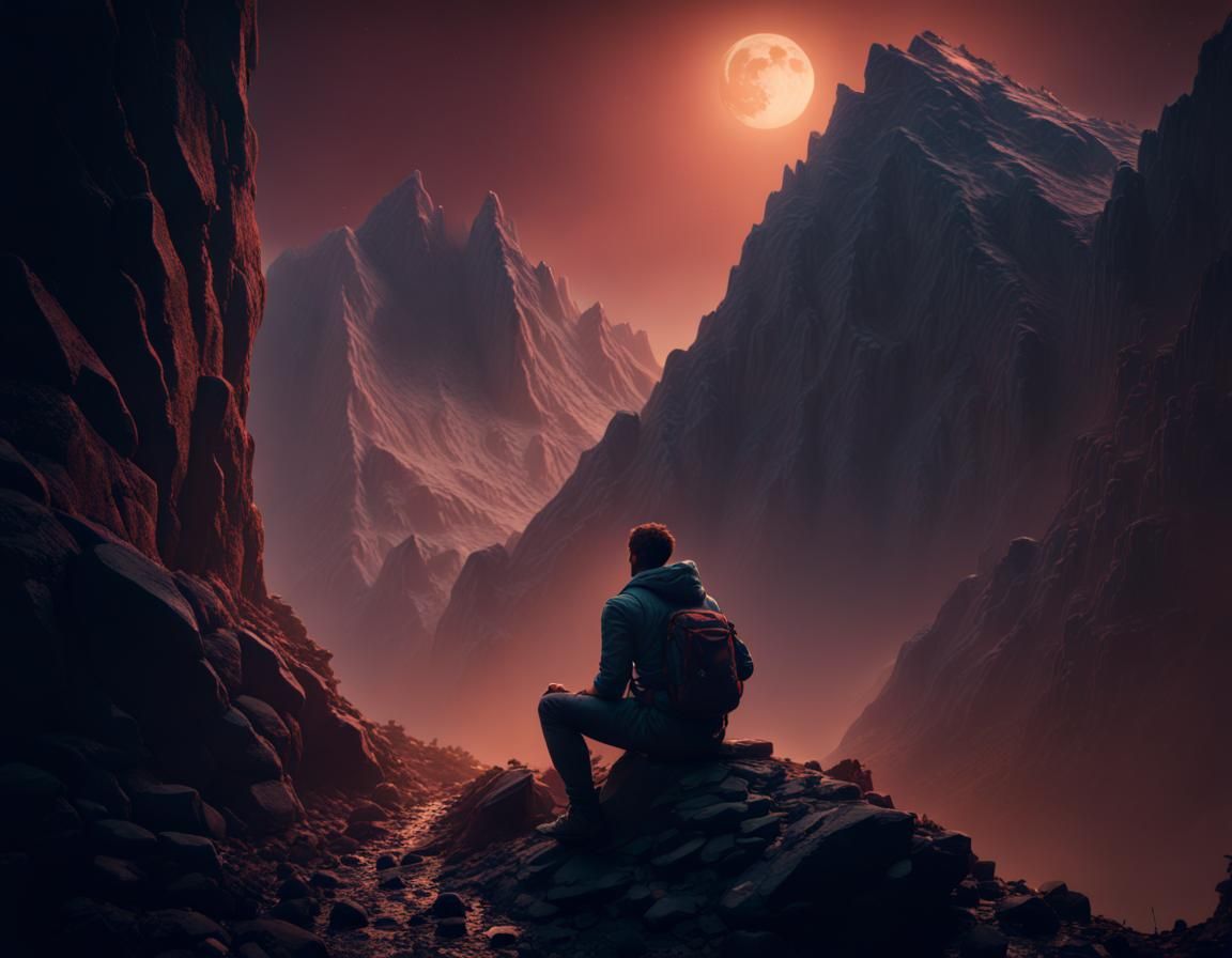 A small hesitant climber sitting & looking up at a huge mountain wall dark night, scary landscape, rocky path