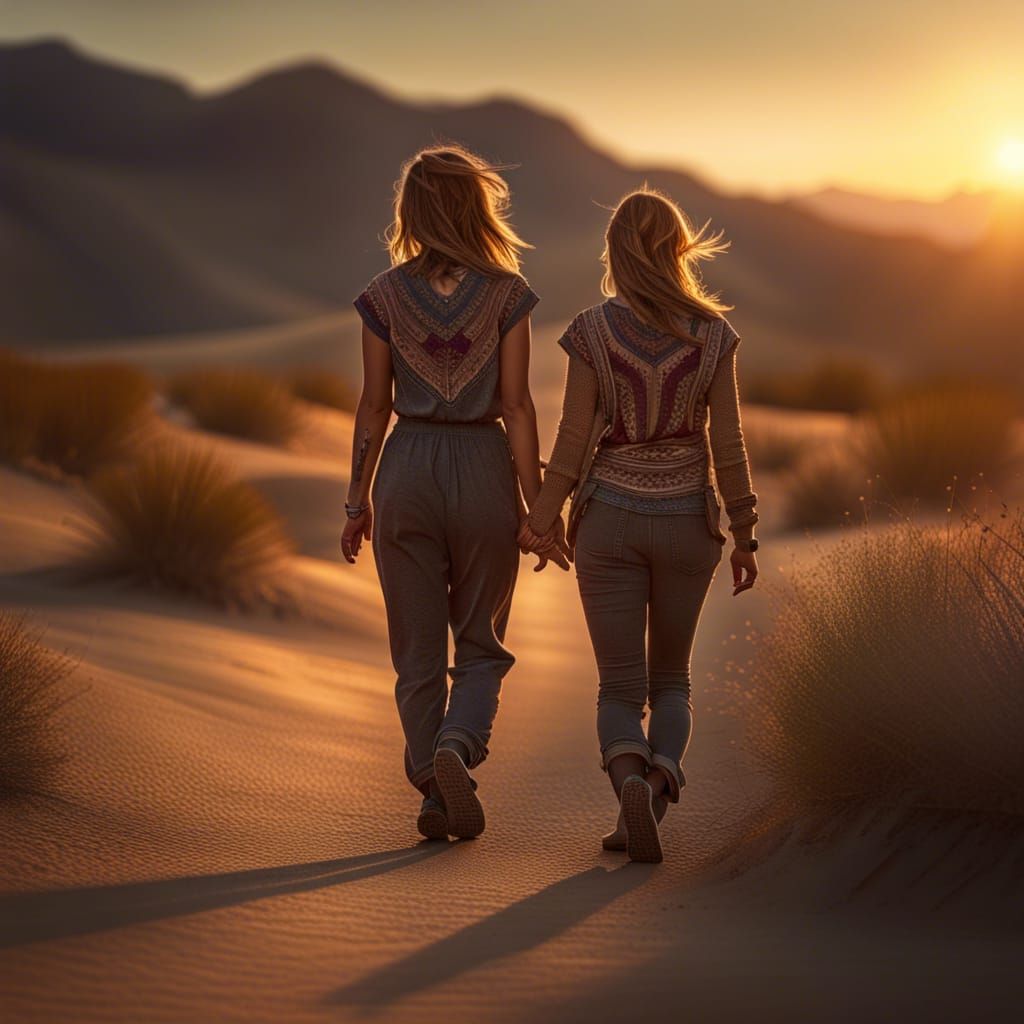 Two Young Women Walking Away In The Mojave Desert Sunset In Distance Intricate Details Hdr 6490