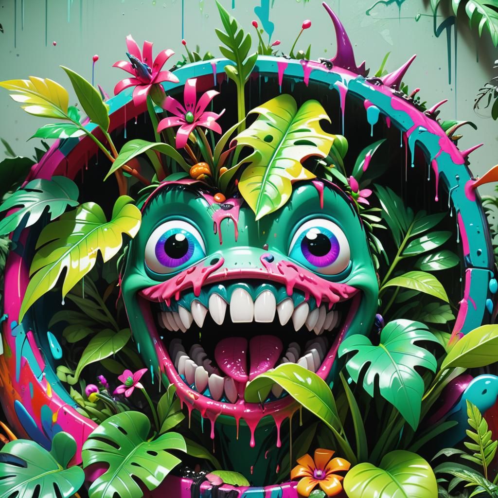 Hyper-realistic, mid shot. Cannibal plant eating its prey in...
