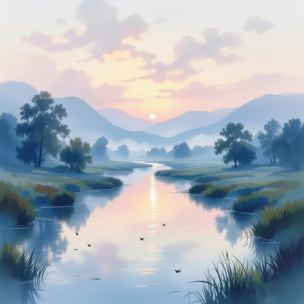 Misty Valley River at Dawn in Watercolor Style