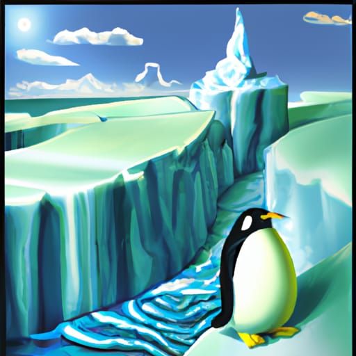 A penguin in a landscape formed entirely of ice cream