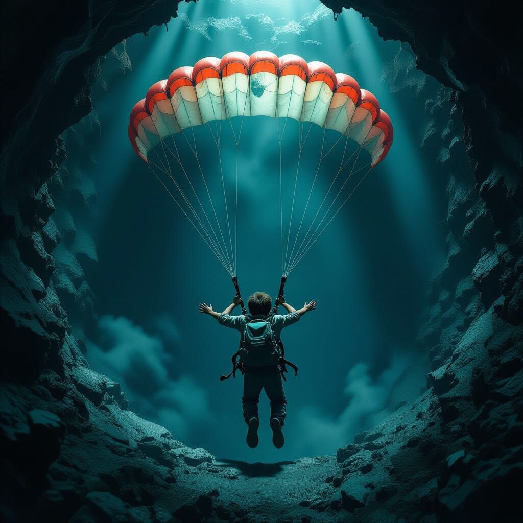 Boy Falls Into Mysterious Pit with Parachute, Hyperrealistic