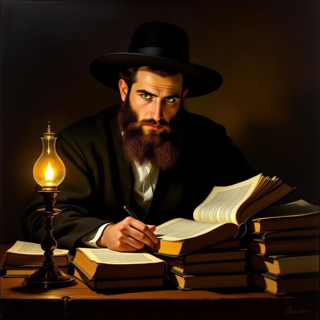 Haredi Man Studying Gemara in Dramatic Oil Painting Style