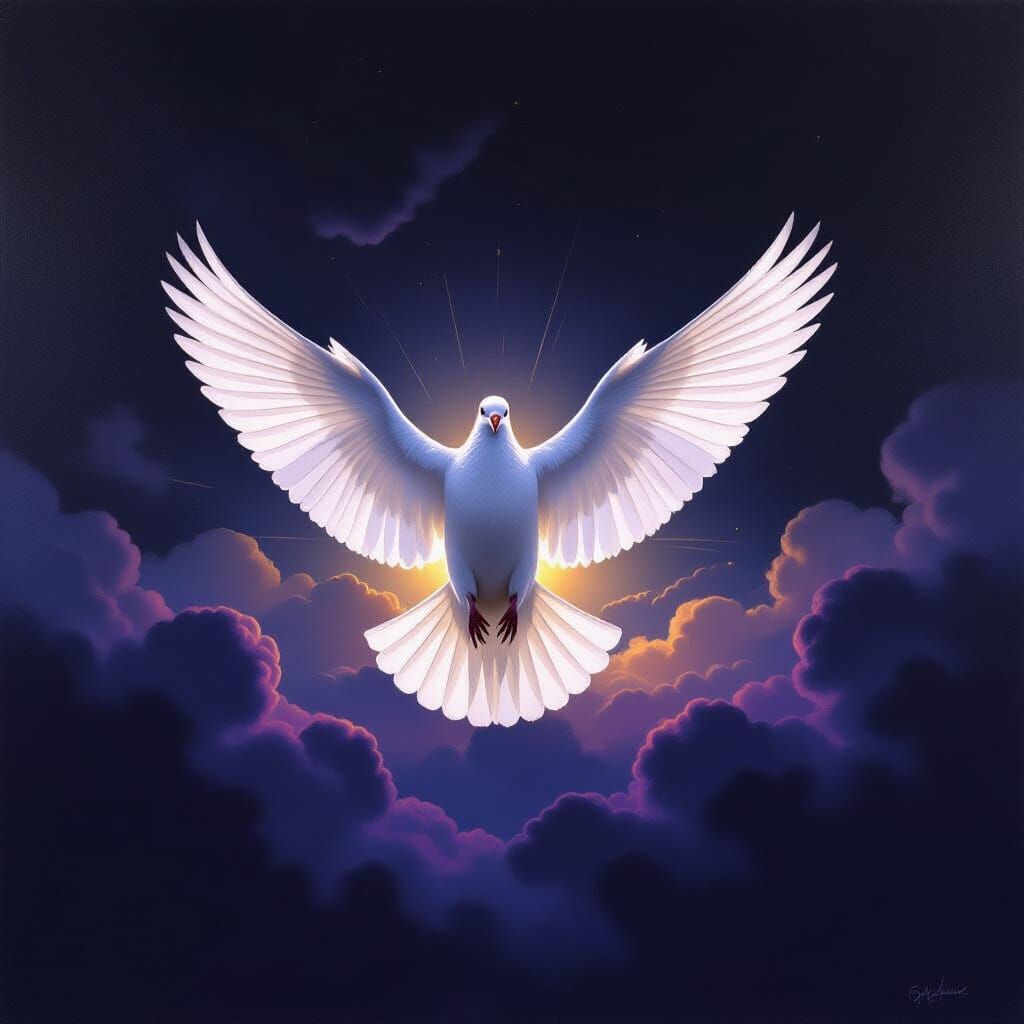 White Dove Flying Through Dramatic Skies in Oil Painting Sty...