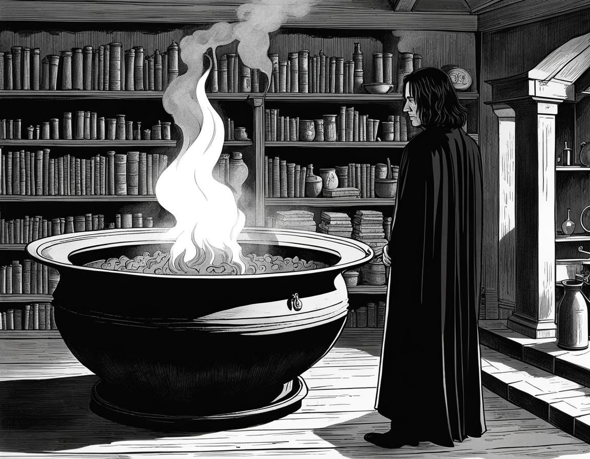 Severus Snape preparing to climb into a giant cauldron that appeared in ...