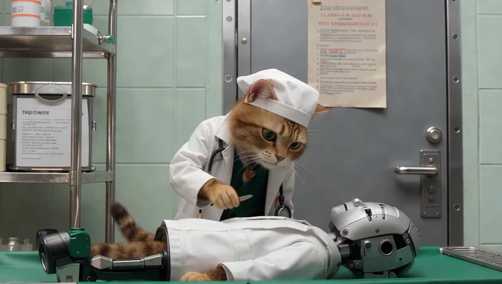 A Manx cat in doctors uniform, white cap on head , holding a scapel looking at a robot patient laying on the table ...