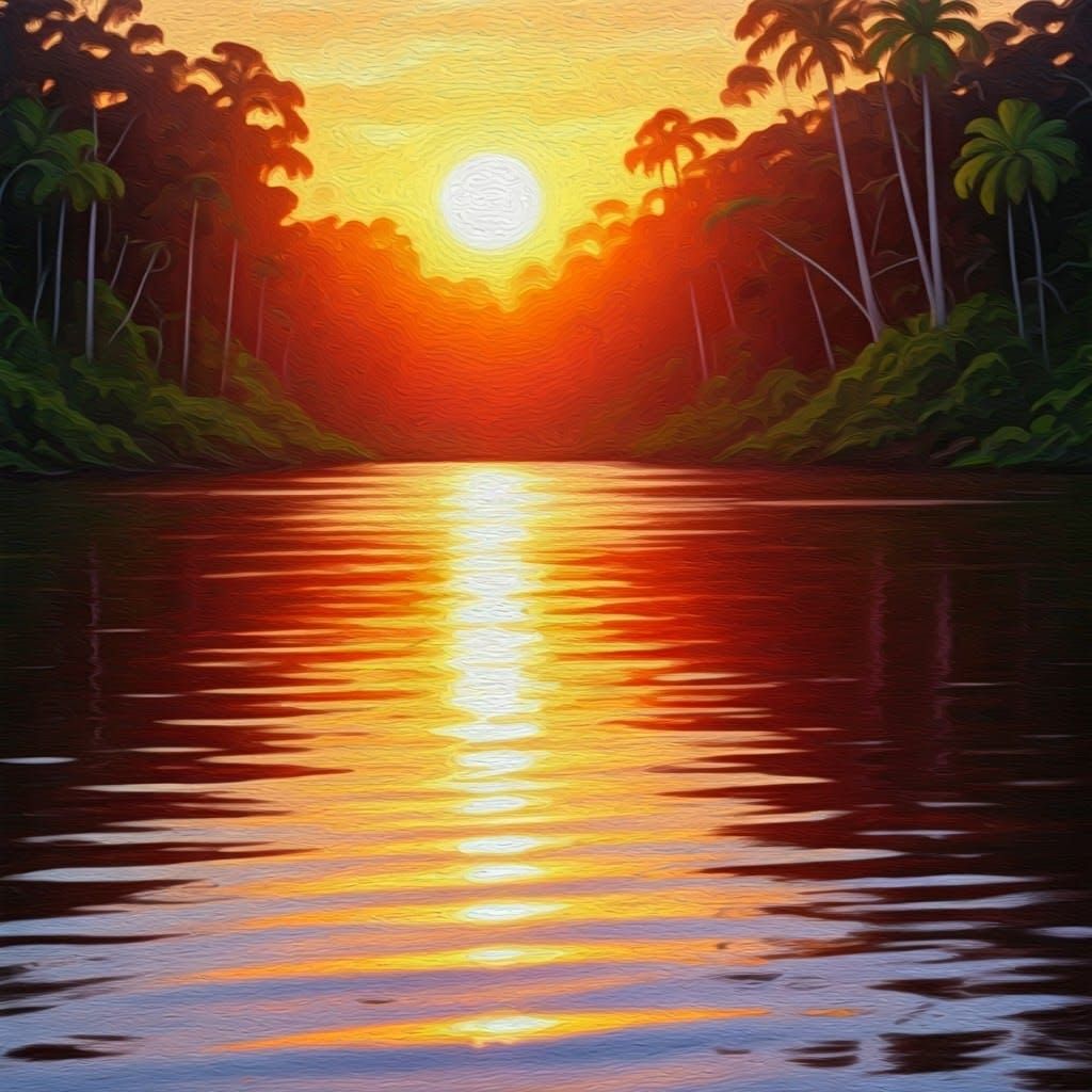 Amazon River Sunset in Oil Painting Style