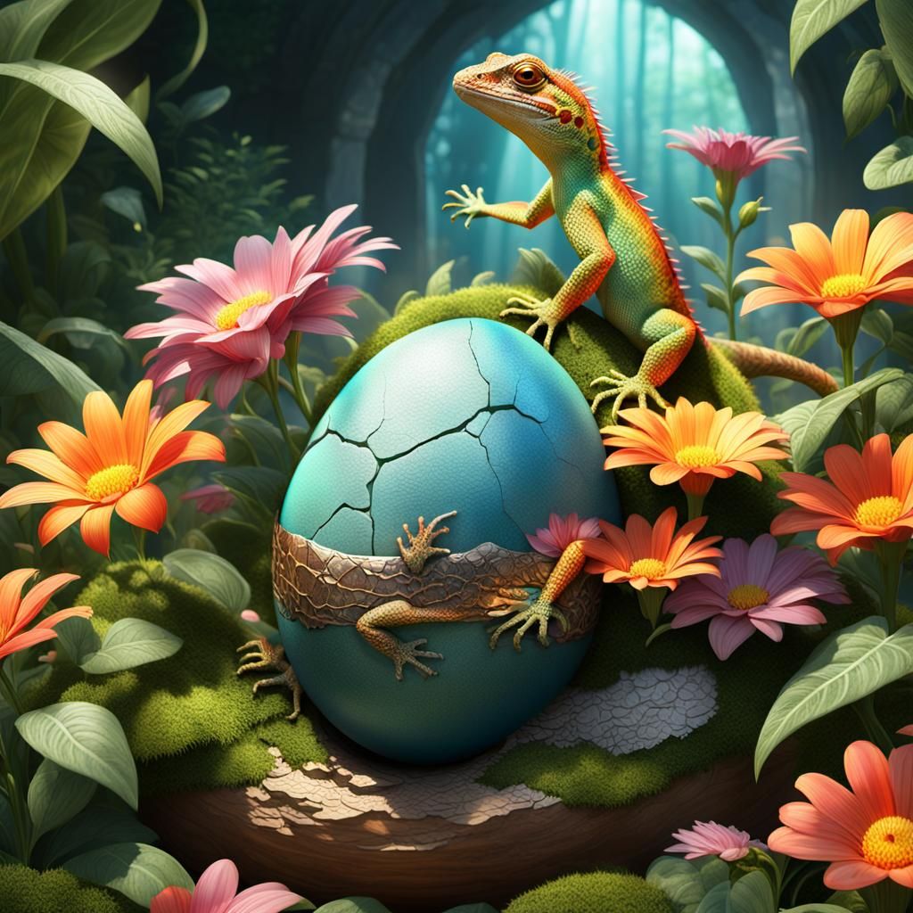 A whimsical scene of a lizard emerging from a cracked egg, s...