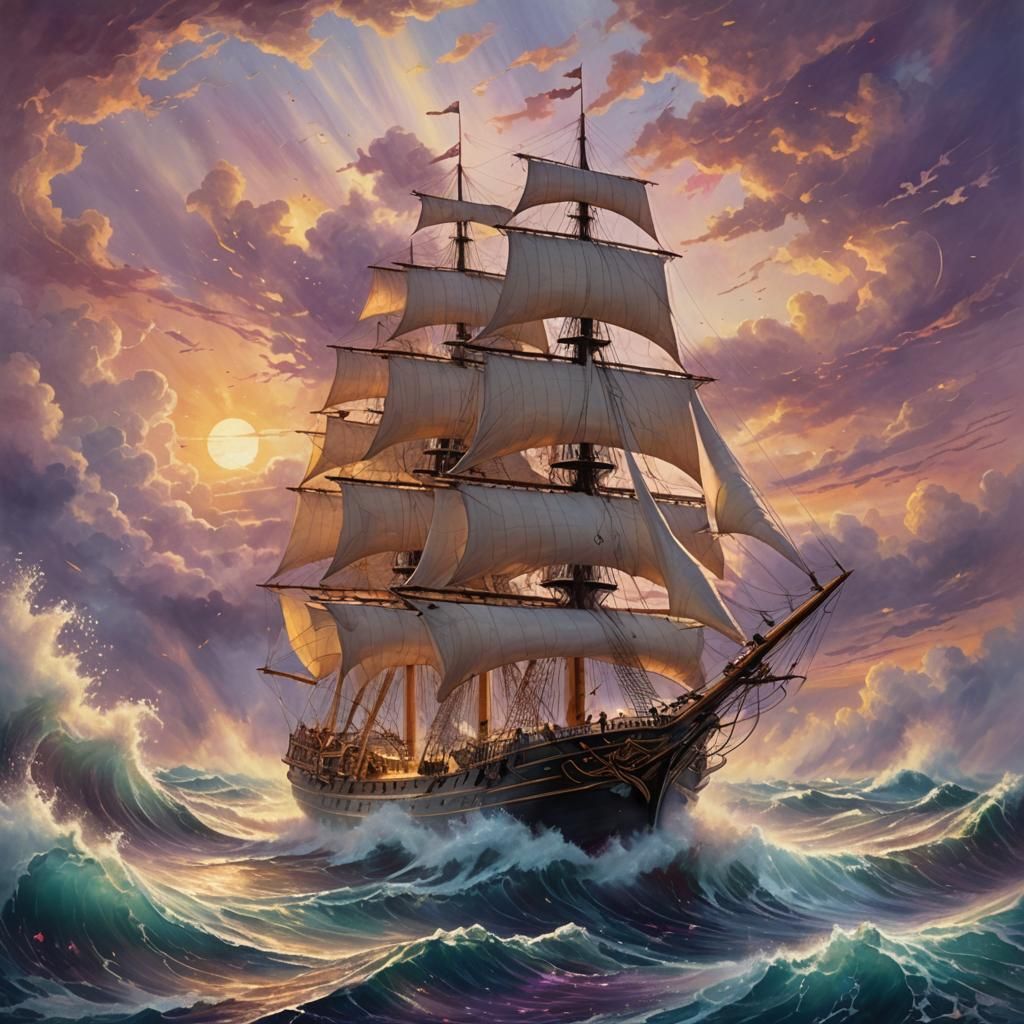 Sailing Ship Navigating Waves at Sunset in Ink Splatter Art