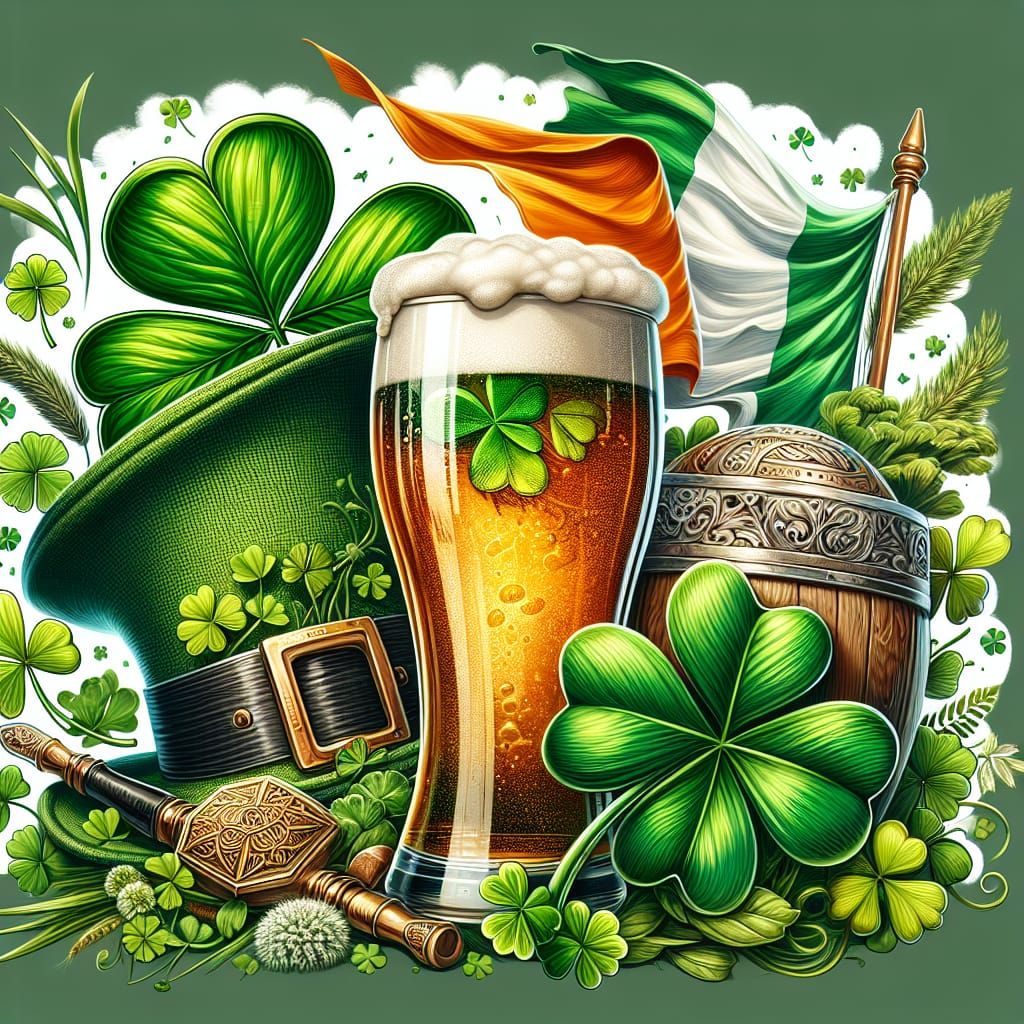 Festive Irish Culture Scene with Clover and Beer