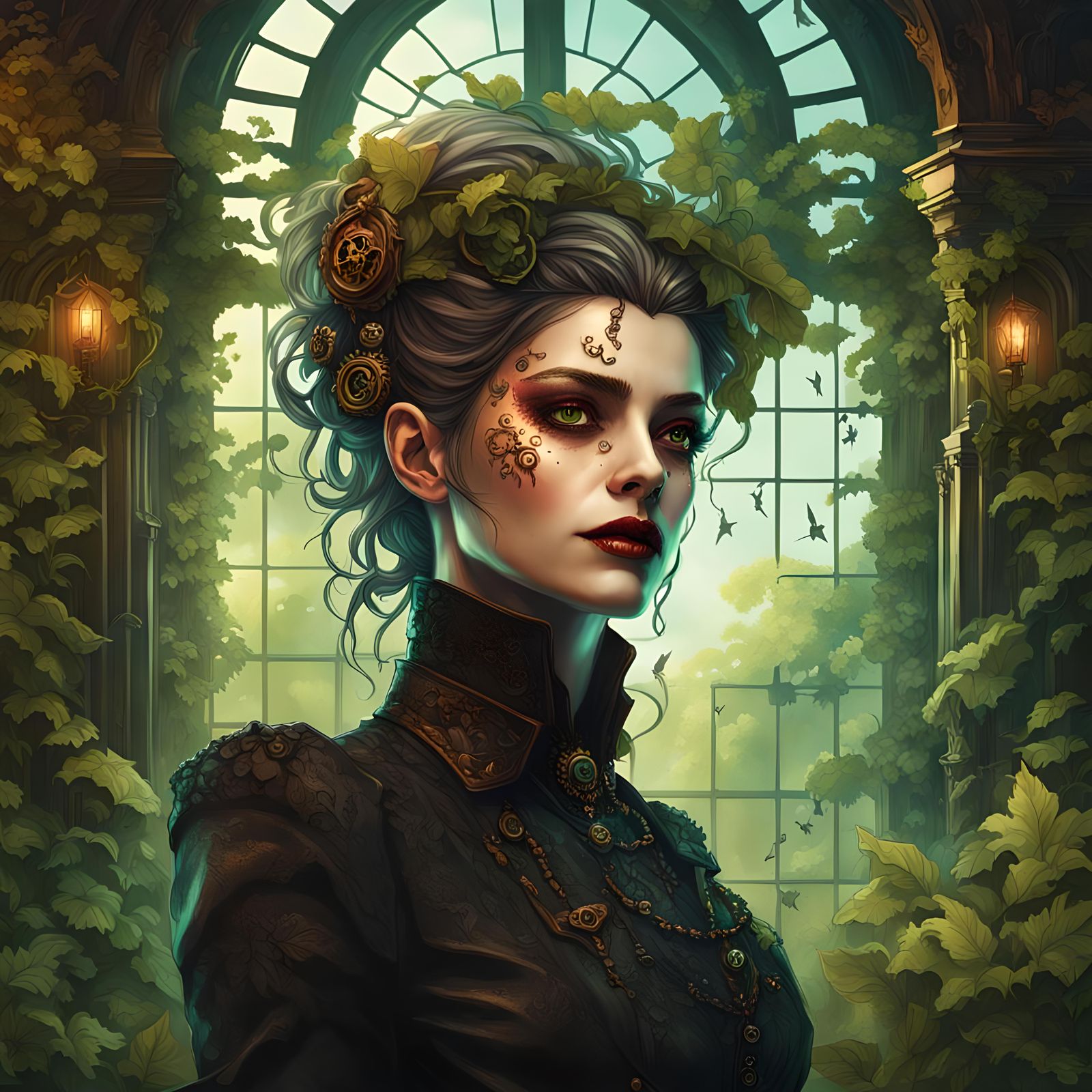 steampunk vampire woman in  gothic mansion overgrown with ve...