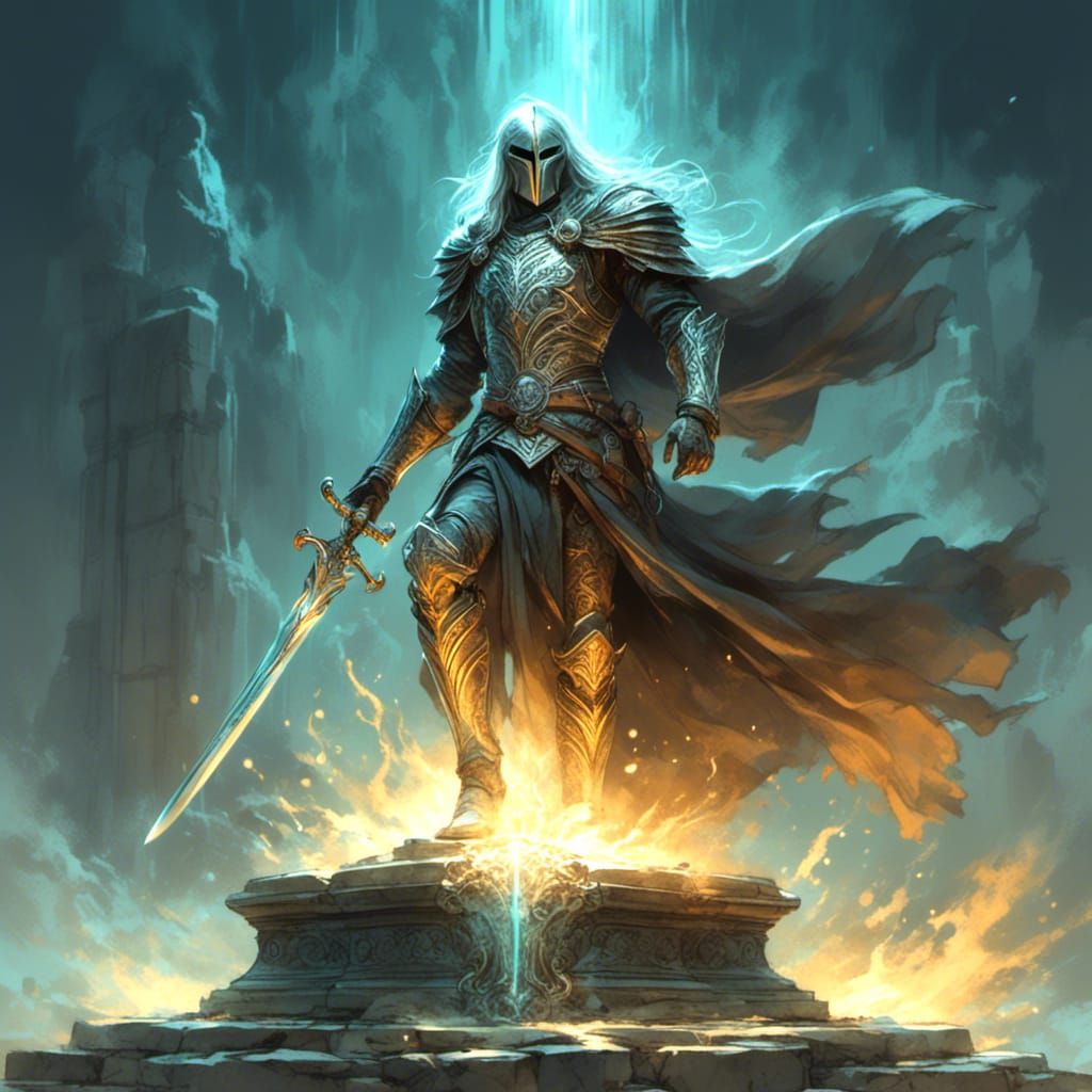  <lora:WaterSketch:1.0> The Sword of Omens glowing with energy on a stone pedestal