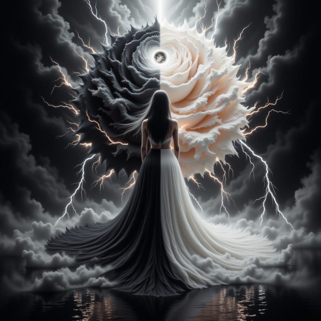 yin yang woman and yin yang black and white splited rose of yin yang fire and yin yang fog and yin yang lightnings <lora:The BWYinYang of Re...
