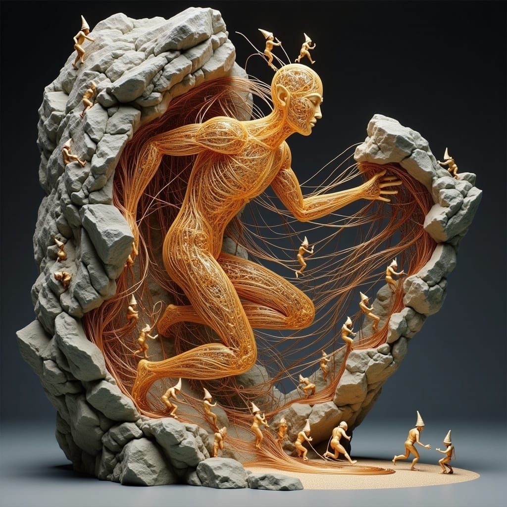 <lora:Weird Sculpture:1.0>a sculpture partially covered in stone and the rest is transparent showing wires inside the sculpture with tiny el...