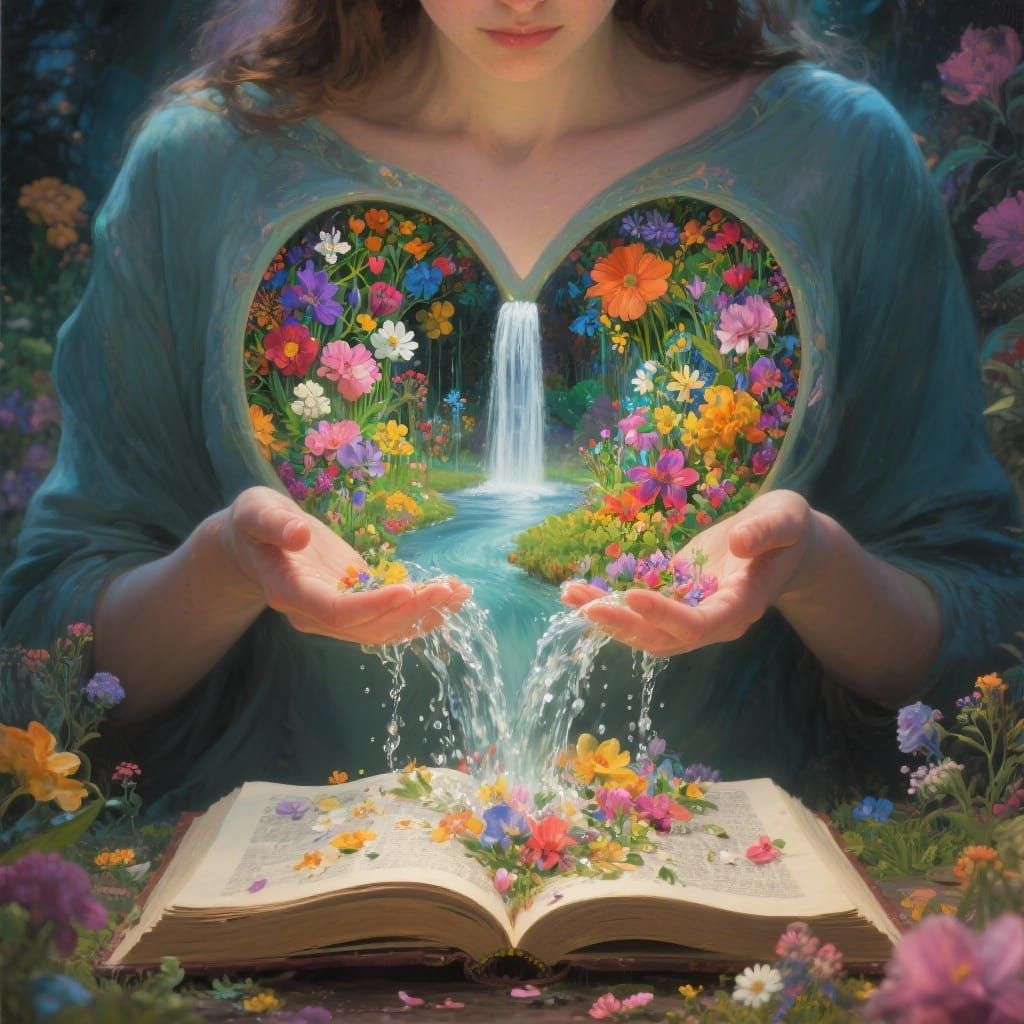 A woman where you can see the inside of her heart is filled with a garden and a waterfall.  that water fall and flowers are spilling out int...