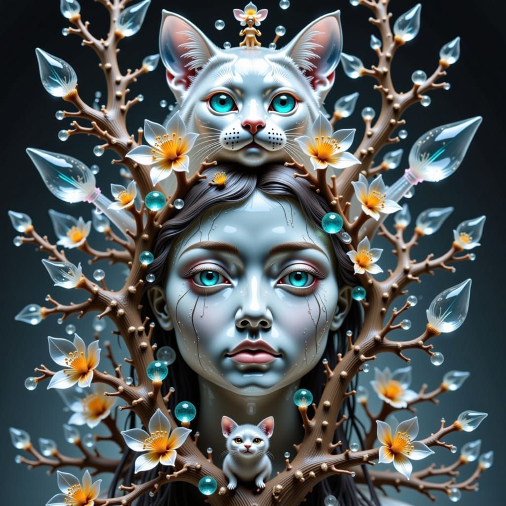 A Transparent crystal cat-face, with transparent black tears running down her face, disheveled hair, as transparent crystal branches and ten...