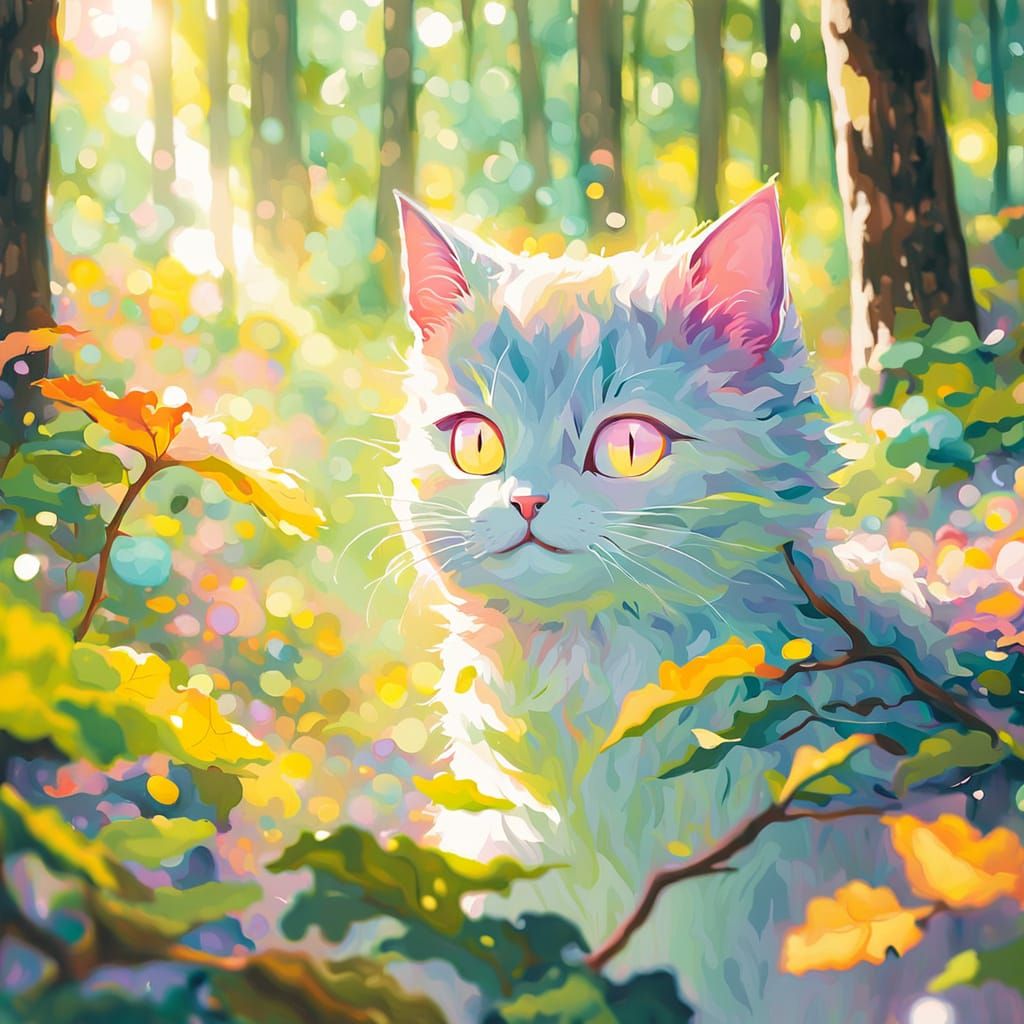 Dreamy Fauvist Cat Portrait in Forest Sunlight