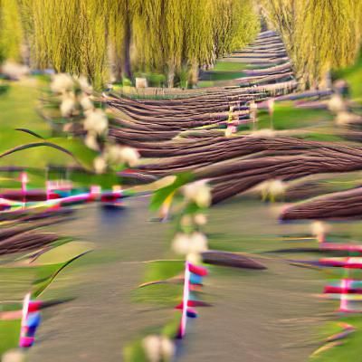 Rows of Willow trees,  path, flowers,  8k resolution