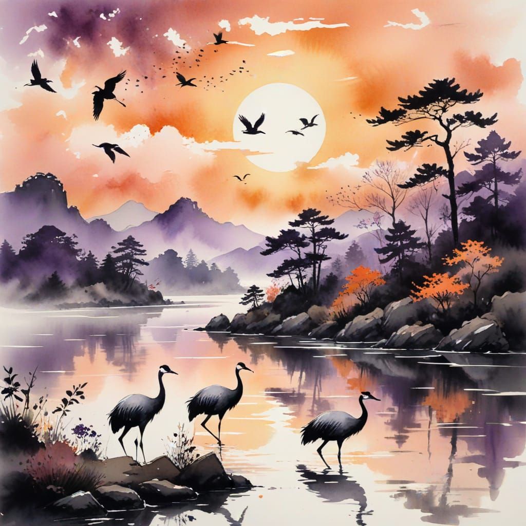 Whispers of the Sunset in Sumi-e 6 Likes  by @MoonlitAura
